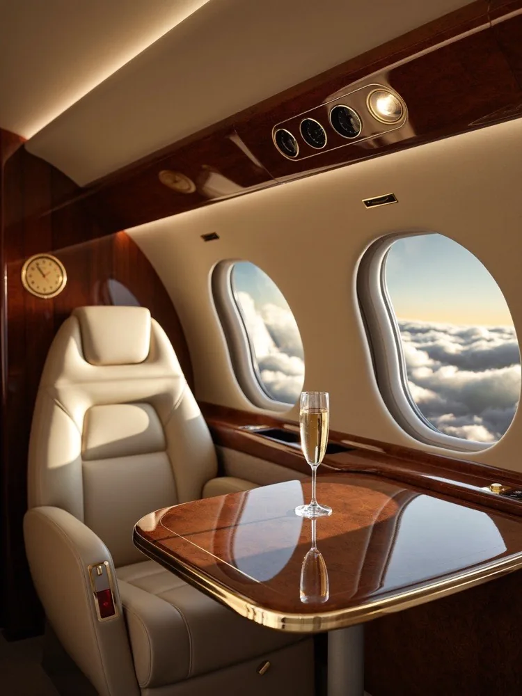 Private jet cabin with cream leather seats, walnut panelling and a glass of champagne on a polished table