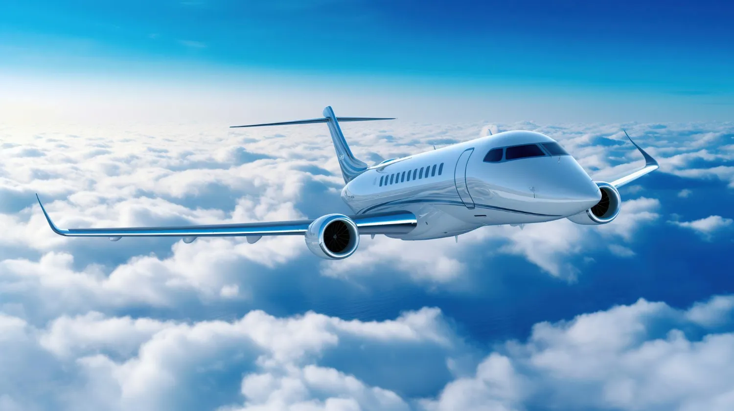 Private jet in flight above a layer of cloud at golden hour