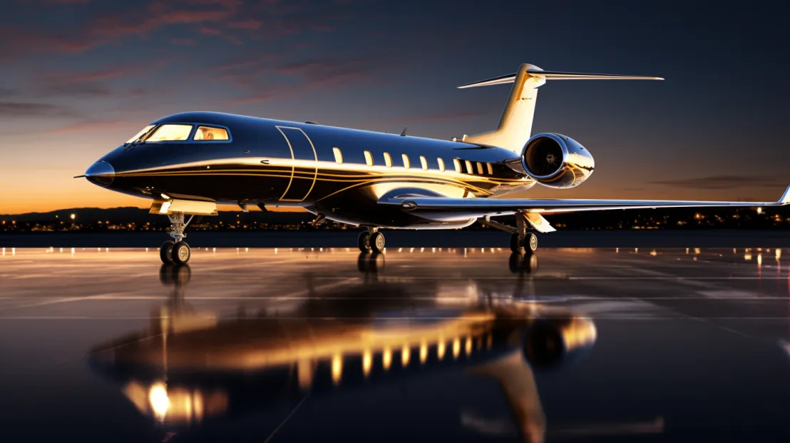 Private jet on the apron at dusk